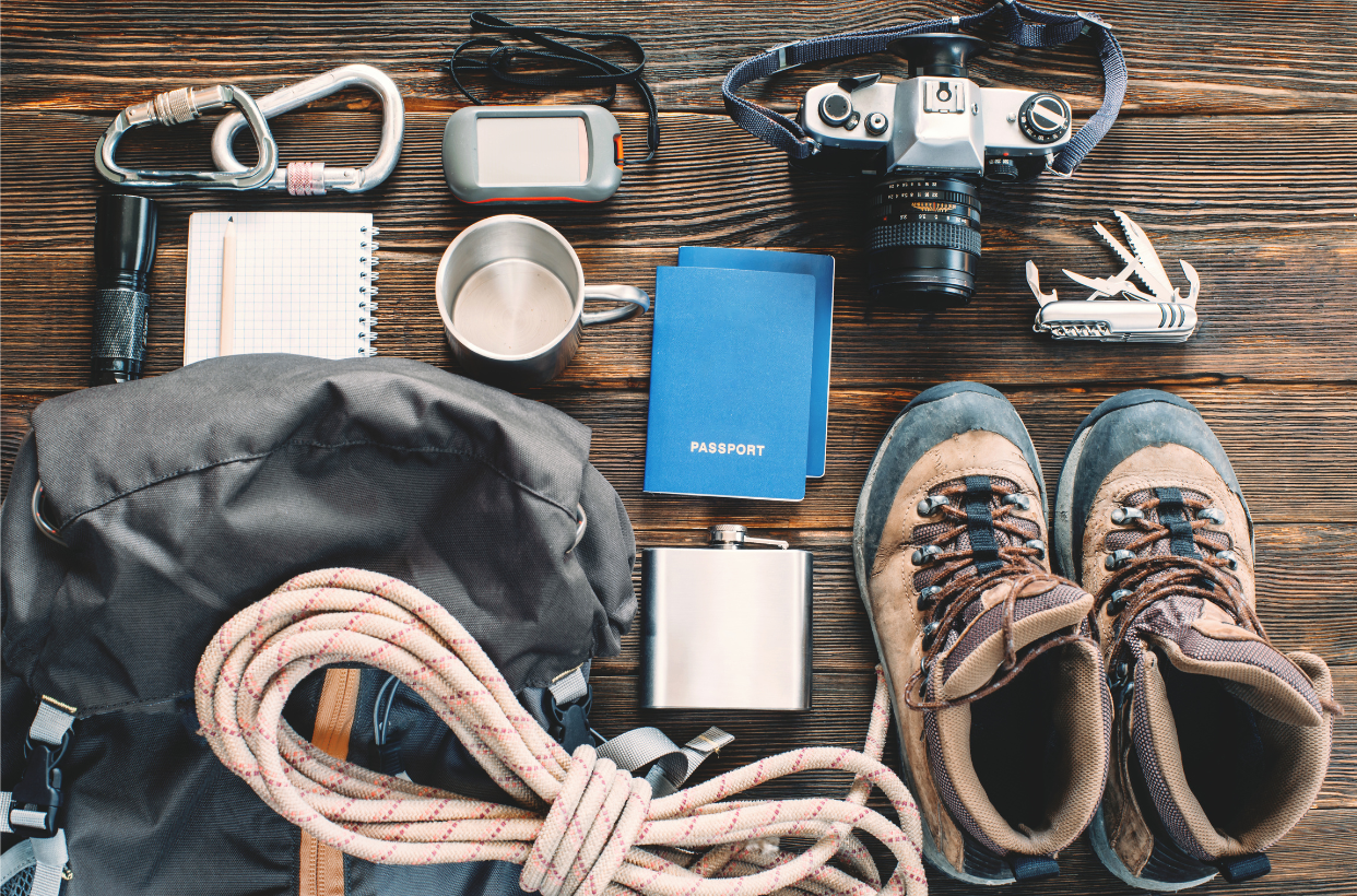 Trekking gear and equipment laid out — ready for the journey